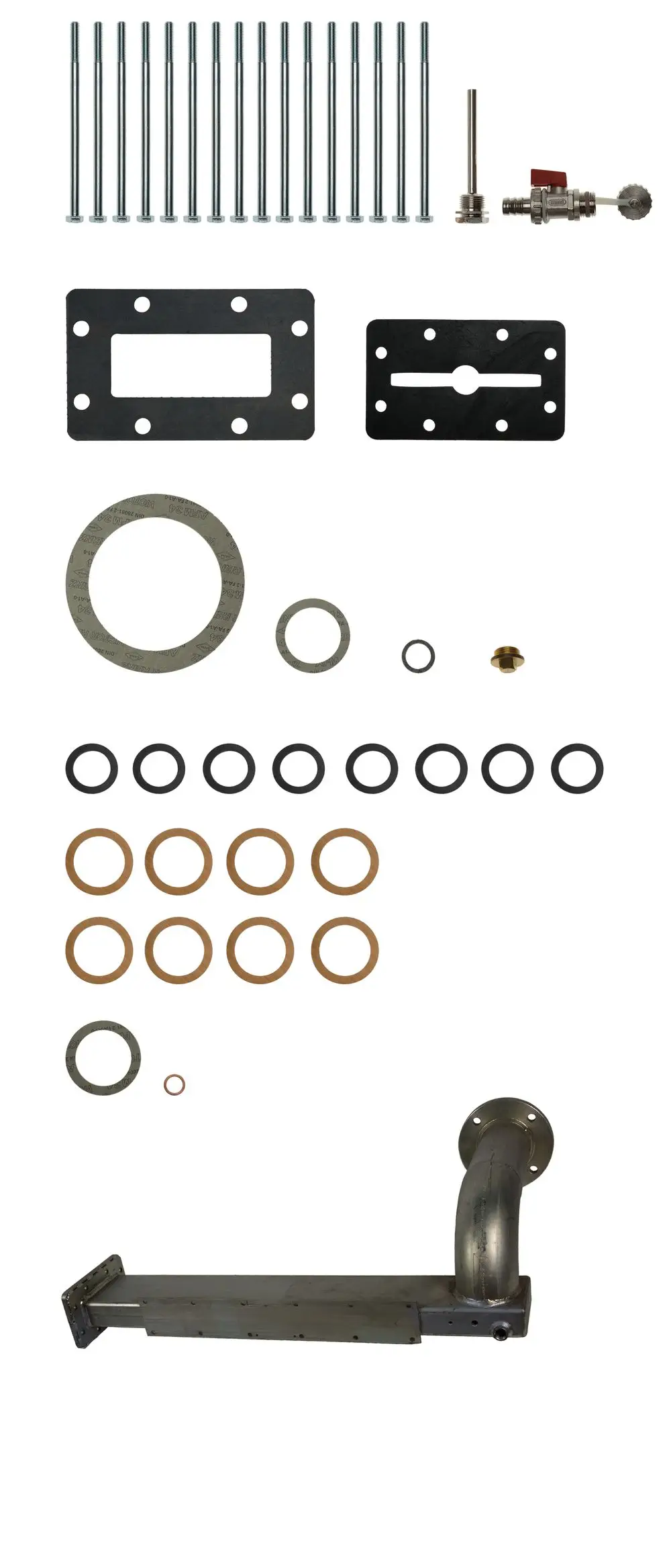 Montagebestandteile des Brötje Rücklaufverteilers: metallische Rohrleitung, Dichtungsringe, Flanschteile und Schrauben für die Installation.