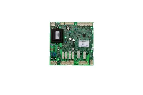 Grüne elektronische Platine mit Anschlussbuchsen und Bauteilen, hergestellt von Brötje. Zeigt komplexe Schaltungen zur Steuerung von Heizungssystemen.