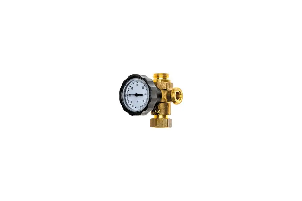 Brötje Rücklaufventil mit Manometer, aus Messing, zur Druckmessung und -regulierung. Anschlussmöglichkeiten sind sichtbar. Einsatz in Heizungsanlagen möglich.