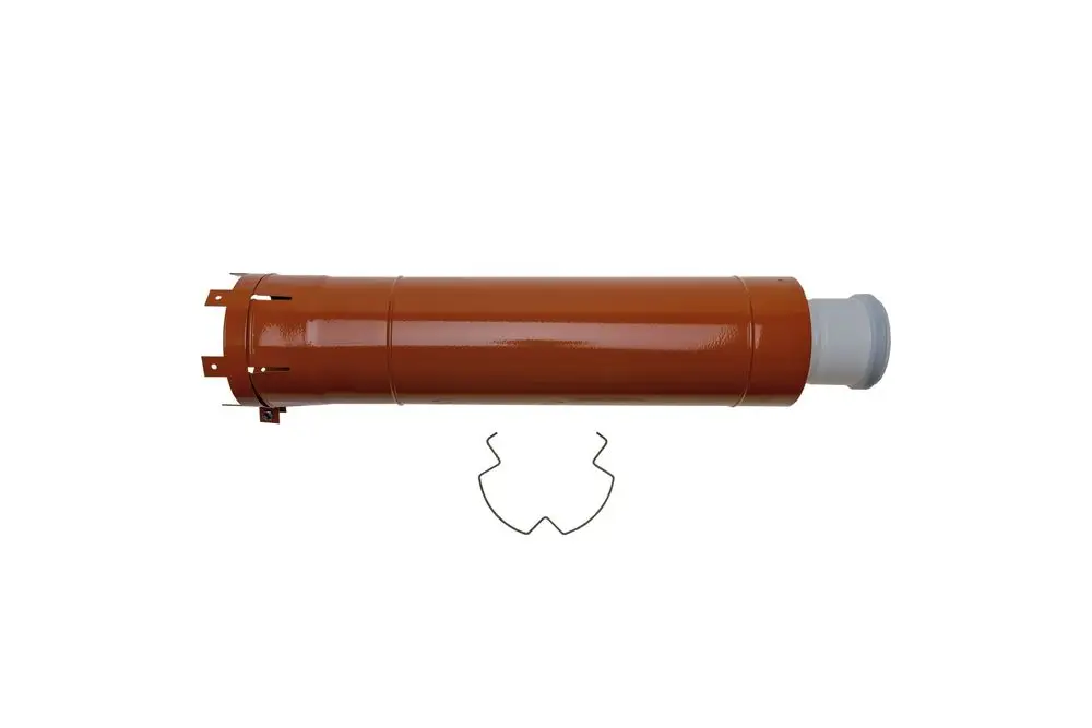 Runde, orangefarbene Rohrverlängerung mit einem bunten Ende und Clipmechanismus. Ideal für die Verwendung mit Brötje-Heizsystemen.