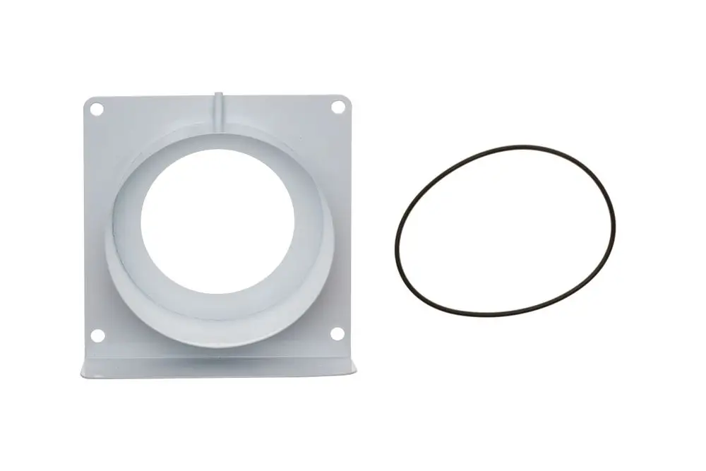 Weißer Ansaugadapter von Brötje mit runder Öffnung, rechteckiger Montagefläche und einem schwarzen O-Ring daneben. Geeignet für Luftansaugung in Heizsystemen.