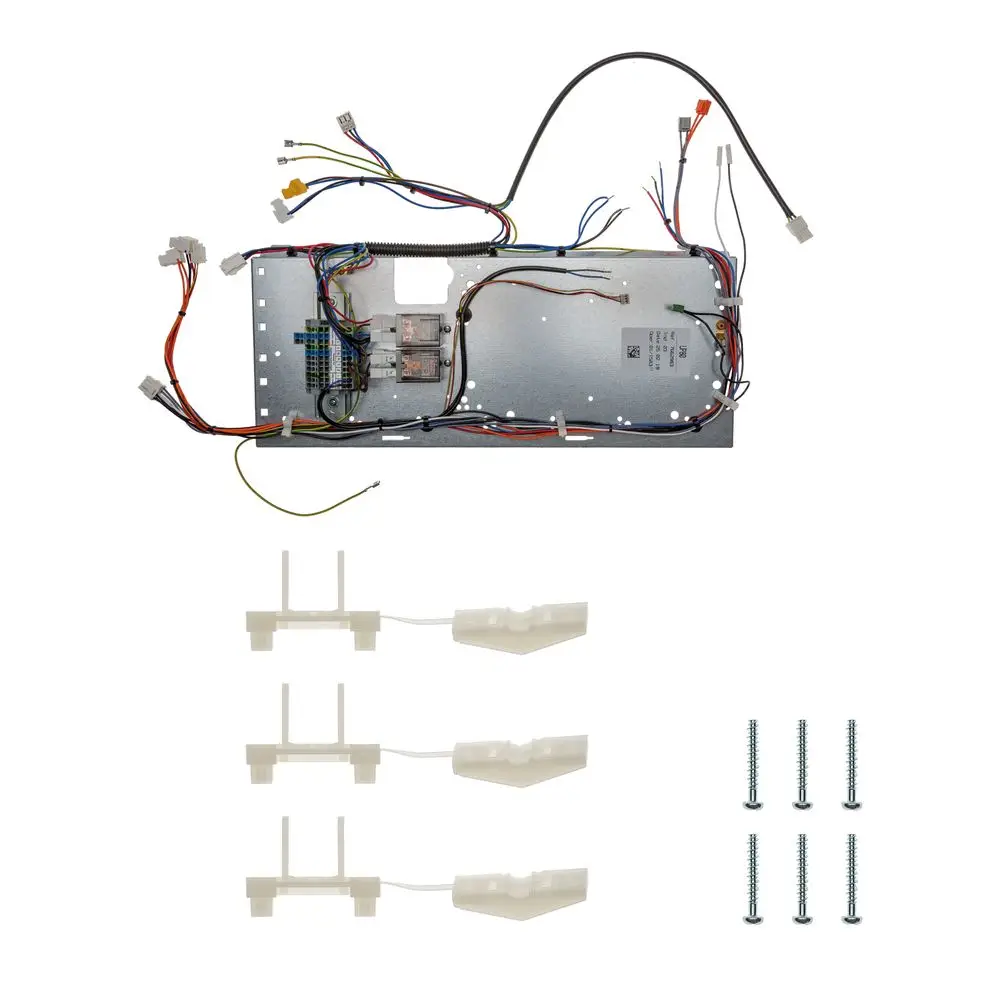 Brötje elektrische Baugruppe mit mehreren Kabeln, Steckverbindern und zwei Relais auf einer Metallplatte, begleitet von Montagehaltern und Schrauben.