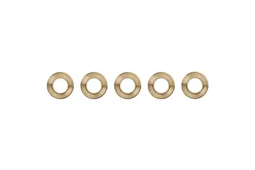 Fünf goldfarbene Unterlegscheiben aus Metall, gleichmäßig angeordnet, auf weißem Hintergrund. Brötje Zubehör für verschiedene Montagen und Anwendungen.