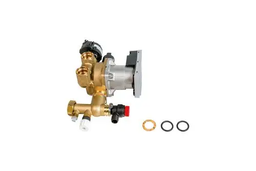 Brötje Hydroblock mit angeschlossener Pumpe, bestehend aus einem Hauptgehäuse, drei Anschlüssen und verschiedenen O-Ringen für die Montage.