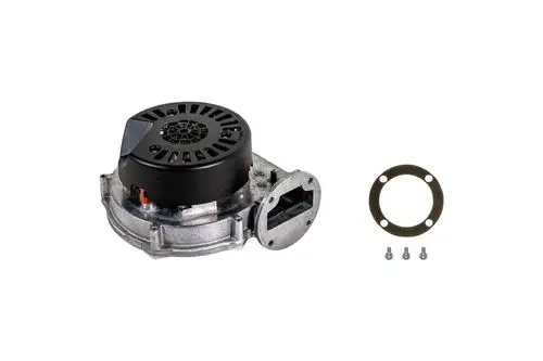 Brötje Gebläse mit schwarzem Motor und silberner Gehäuseoberfläche, neben einer Dichtung und Schrauben auf hellem Hintergrund.
