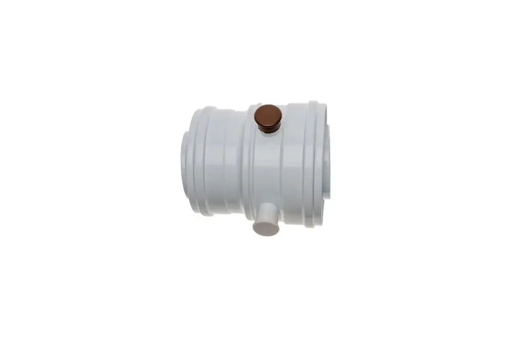 Brötje Kesselanschlussadapter in Weiß, zylindrische Form mit einstellbarem Ventil und seitlichem Anschluss.
