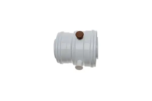 Brötje Kesselanschlussadapter in Weiß, zylindrische Form mit einstellbarem Ventil und seitlichem Anschluss.