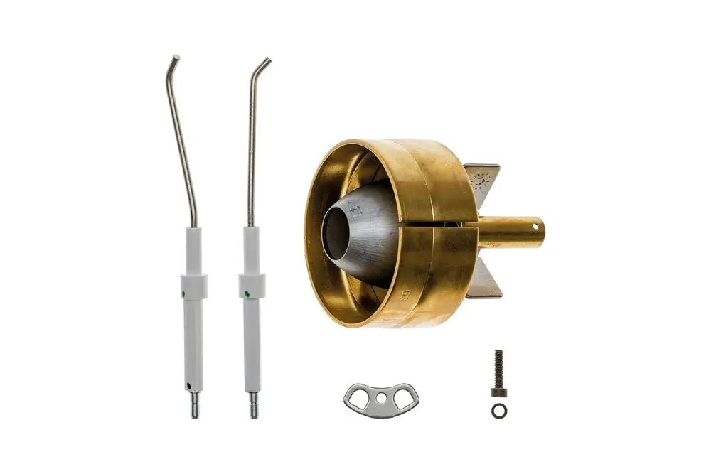 Brötje Flammkopf mit zwei Elektroden, metallischem Gehäuse und passenden Halterungen. Sichtbare Anbauteile und Schrauben für die Montage.