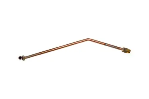 Brötje Zirkulationsrohr in gebogener Form aus Kupfer mit anschlussseitigem Gewinde und integrierter Öffnung auf einer weißen Oberfläche.