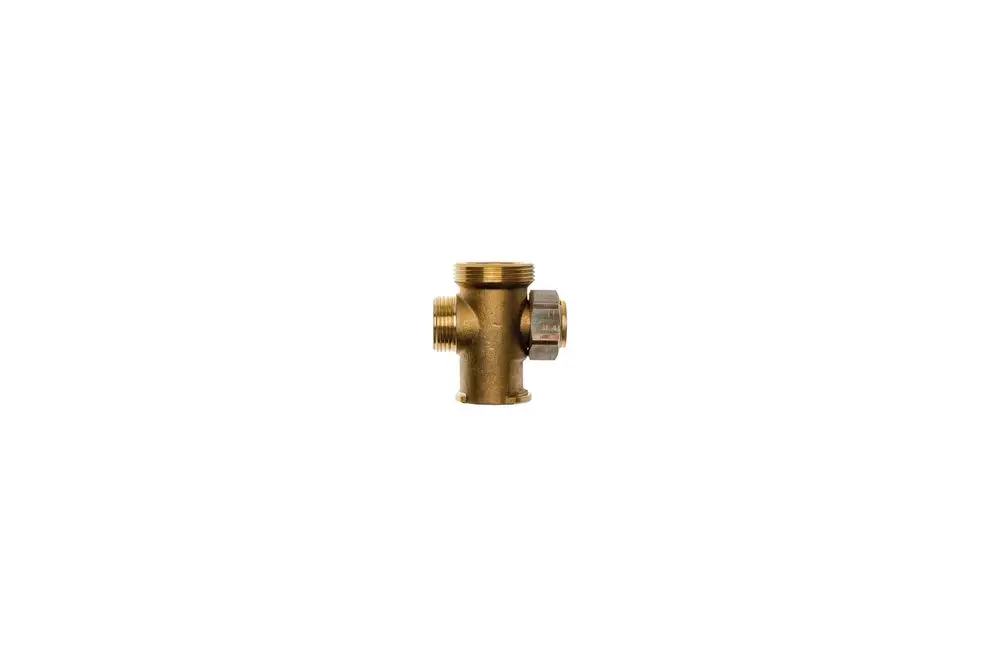 Brass fitting in T-shape, featuring threaded connections, typically used for plumbing applications. Brötje brand connection component.