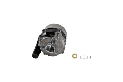 Brötje Motor mit elektrischen Anschlüssen, Metallgehäuse, Halteelement und Zubehörteilen wie Schrauben und Dichtungen auf einem neutralen Hintergrund.
