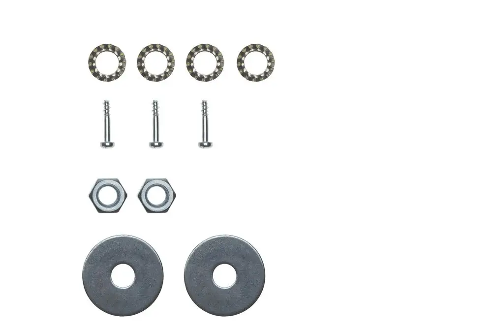 Schrauben, Muttern, Unterlegscheiben und Klemmschienen in Metalloptik, die für Brötje-Produkte verwendet werden können, klar auf weißem Hintergrund angeordnet.