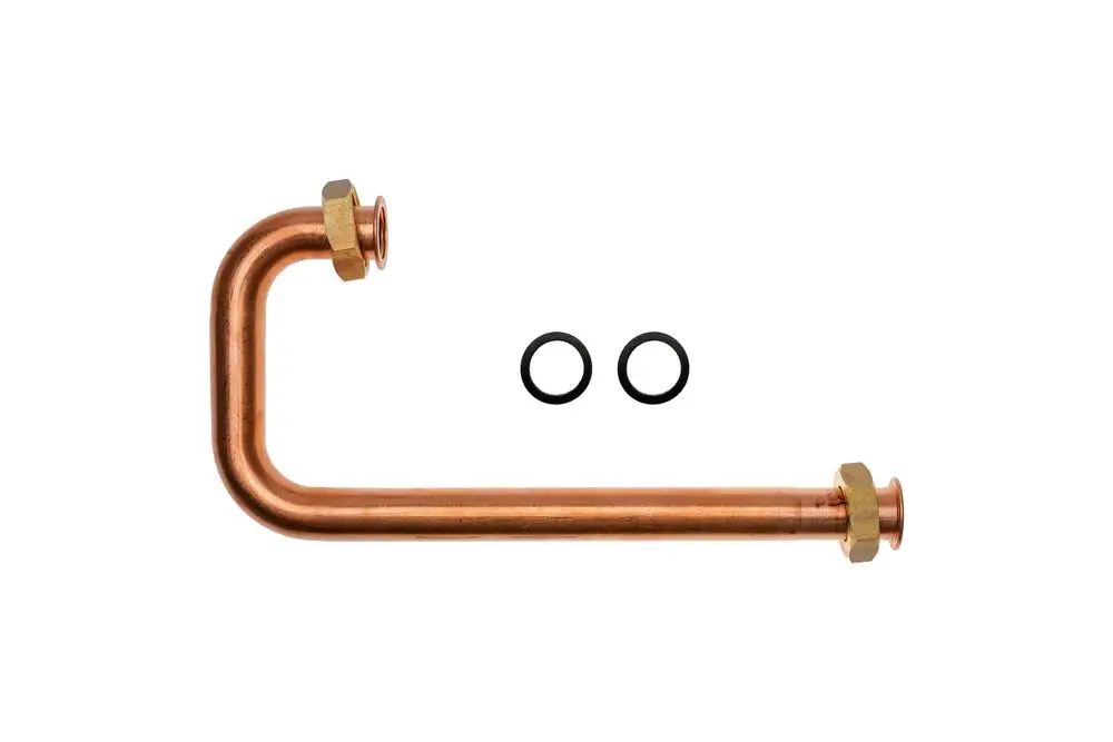 Kupferrohr von Brötje in U-Form mit zwei Gewinden und zwei O-Ringen. Ideal für Verbindungselemente in Rohrsystemen.