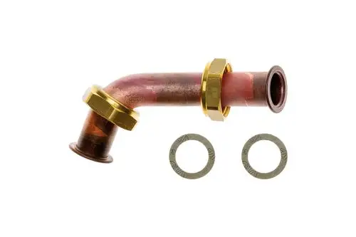 Brötje Rohr mit einer gebogenen Form und zwei Dichtungen, hergestellt aus Metall mit einer goldenen Überwurfmutter und sichtbarem Alterungszustand.
