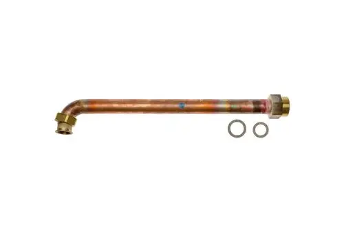 Brötje Vorlaufrohr aus Kupfer mit einem geknickten Abschnitt und zwei Dichtungen. Zubehör für Heizungsinstallationen.