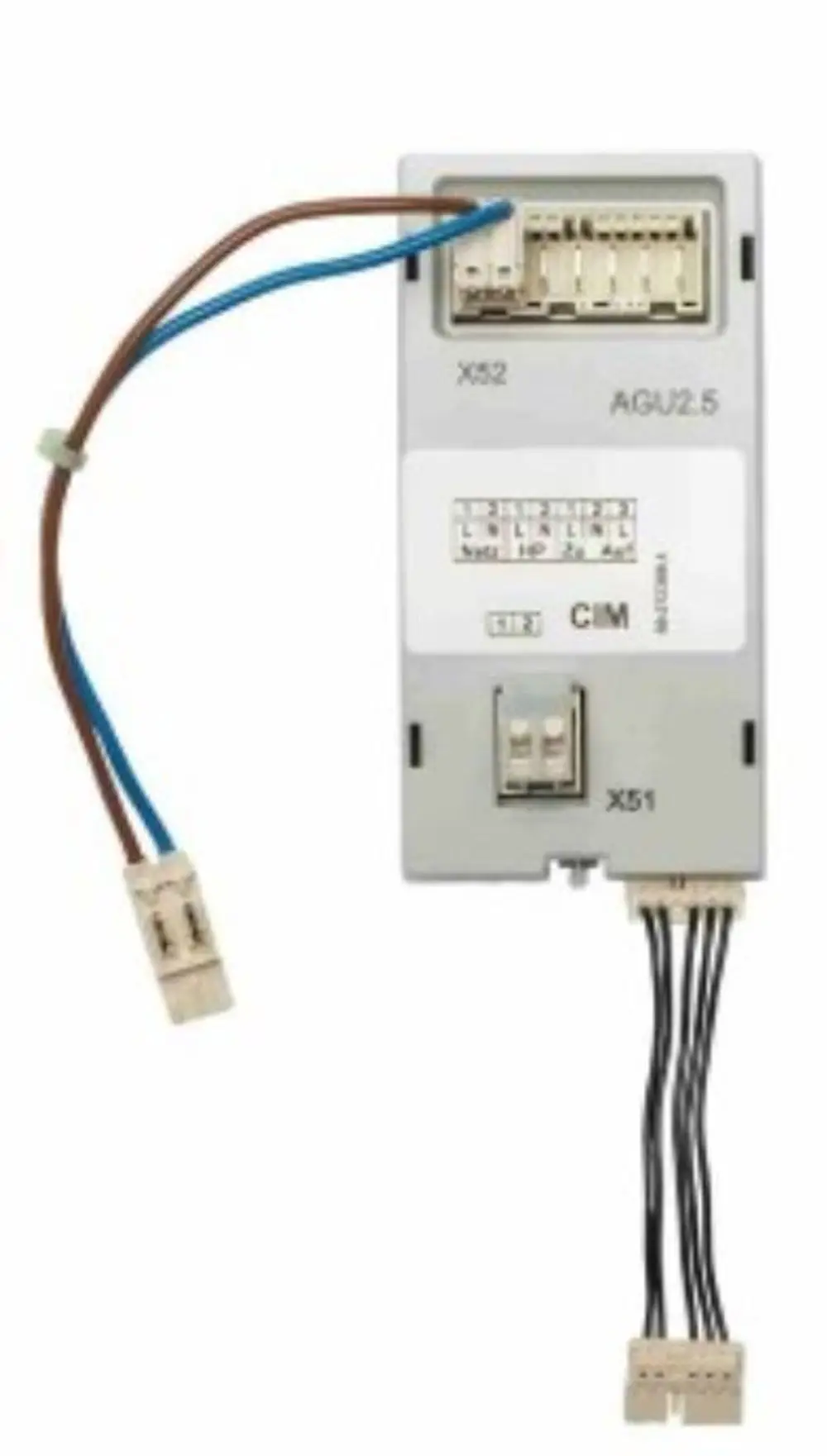 Brötje Busmodul mit mehreren Anschlussklemmen, blau- und braunfarbene Kabel für die elektrische Verbindung, montiert auf einer grauen Grundplatte.