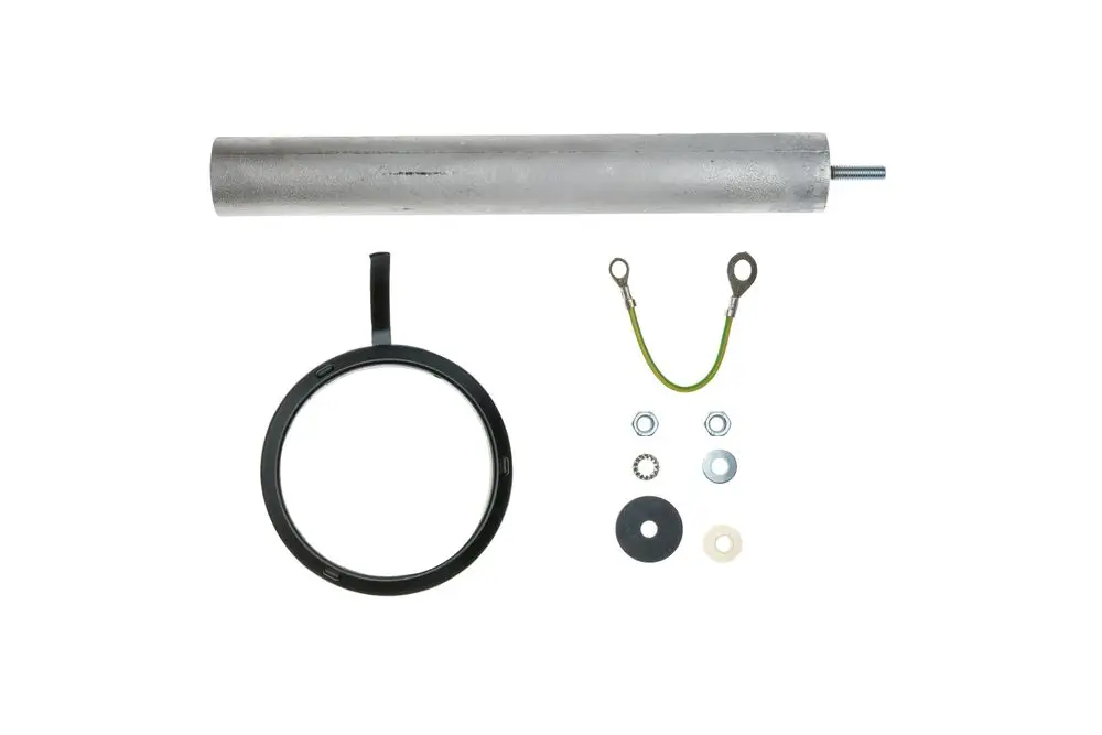Brötje-Anode aus Metall in zylindrischer Form, umgeben von verschiedenen Montage- und Verbindungselementen wie Ringen, Unterlegscheiben und Schrauben.