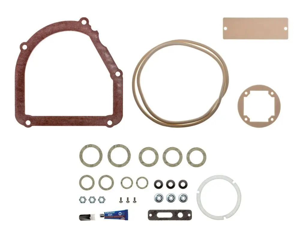 Dichtungs-Set von Brötje mit verschiedenen Gummidichtungen, Unterlegscheiben, Schrauben und Kleber für die Installation und Wartung von Heizgeräten.