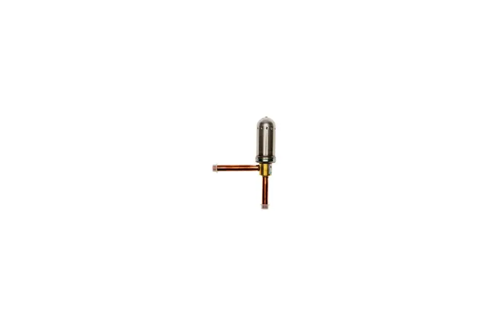 Brötje Expansionsventil mit einem zylindrischen Teil und zwei anschließenden Rohren, hergestellt aus Metall mit einem klaren Glaskörper.
