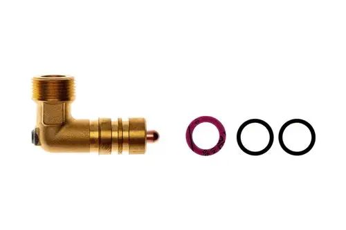 Brötje Anschlusswinkel in L-Form aus Messing, mit zwei O-Ringen und einer pinken Dichtung, ideal für Heizungsinstallation.