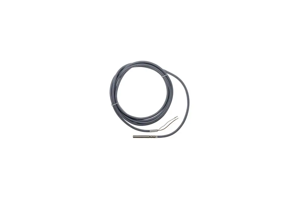 Temperaturfühler mit einem langen Kabel, aufgerollt, einer metallischen Spitze und zwei freiliegenden Anschlussdrähten. Produkt von Brötje.