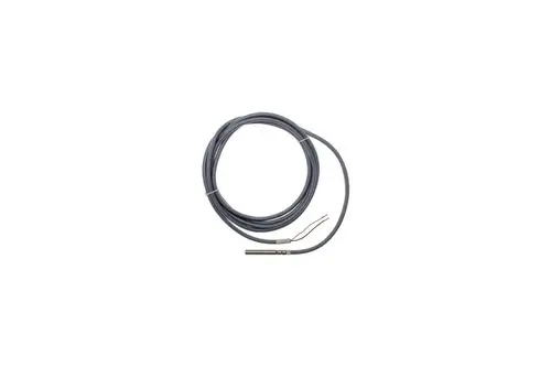 Temperaturfühler mit einem langen Kabel, aufgerollt, einer metallischen Spitze und zwei freiliegenden Anschlussdrähten. Produkt von Brötje.