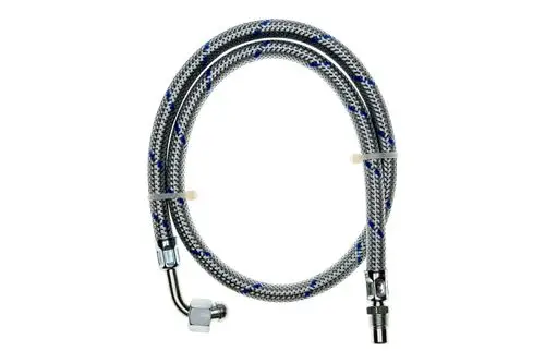 Ölschlauch in Metalloptik mit blauen und grauen Mustern. Anschlüsse an beiden Enden sind deutlich sichtbar. Das Produkt ist für Heizungsanlagen von Brötje geeignet.