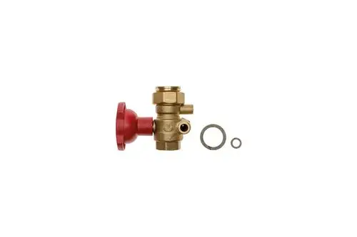 Brass ball valve mit rotem Griff und Anschluss für Rohrleitungen, geeignet für verschiedene Installationen. Produkt von Brötje.