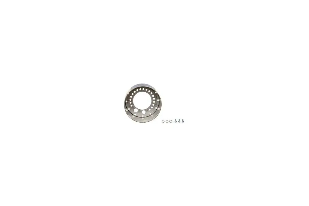 Metallene Stauscheibe mit mehreren Löchern und einer kreisrunden Form, geliefert mit einigen Schrauben und Unterlegscheiben, von der Marke Brötje.