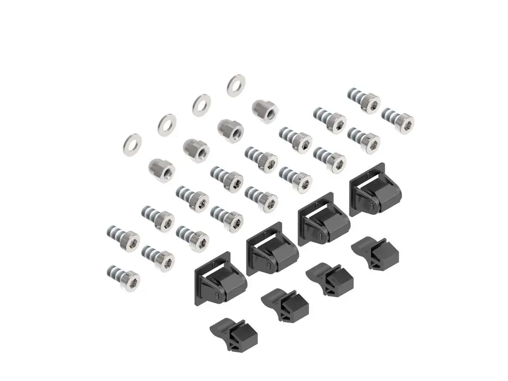 Montageset mit verschiedenen Schrauben, Unterlegscheiben und Clips. Teile in Schwarz und Silber, möglicherweise zur Anwendung in Brötje Heizsystemen.
