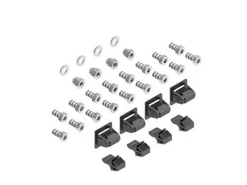 Montageset mit verschiedenen Schrauben, Unterlegscheiben und Clips. Teile in Schwarz und Silber, möglicherweise zur Anwendung in Brötje Heizsystemen.