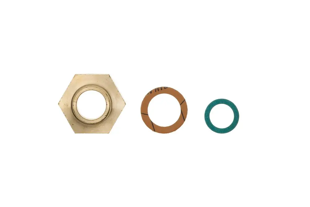 Drei Metall- und Dichtungsringe, darunter ein sechseckiger Metallring, ein orangefarbener und ein grüner Dichtungsring, die für Brötje-Produkte verwendet werden können.