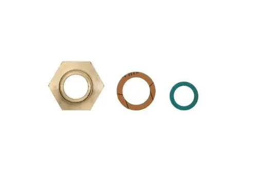 Drei Metall- und Dichtungsringe, darunter ein sechseckiger Metallring, ein orangefarbener und ein grüner Dichtungsring, die für Brötje-Produkte verwendet werden können.