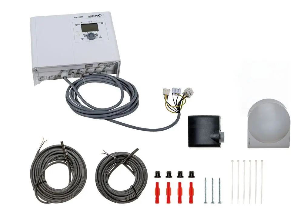 Brötje ISR-HSM, enthalten sind Steuereinheit, Sensor, Kabel, Verbindungselemente und Montagezubehör für die Installation in Heizsystemen.