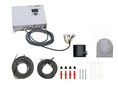 Brötje ISR-HSM, enthalten sind Steuereinheit, Sensor, Kabel, Verbindungselemente und Montagezubehör für die Installation in Heizsystemen.
