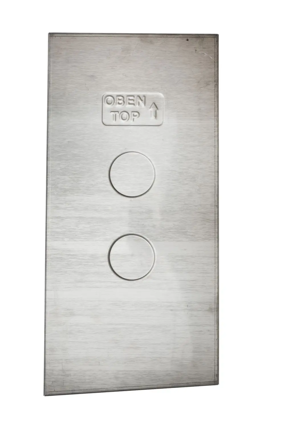 Gehäusedeckel aus Metall mit zwei runden Aussparungen und Beschriftung „OBEN TOP“. Einsatzmöglichkeit bei Brötje Plattenwärmetauschern.