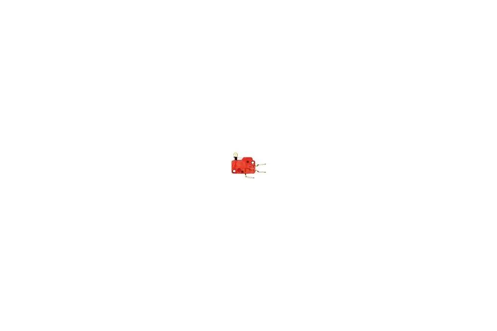 Roter Microschalter mit zwei Anschlussdrähten, hergestellt von Brötje, auf heller Fläche abgebildet.
