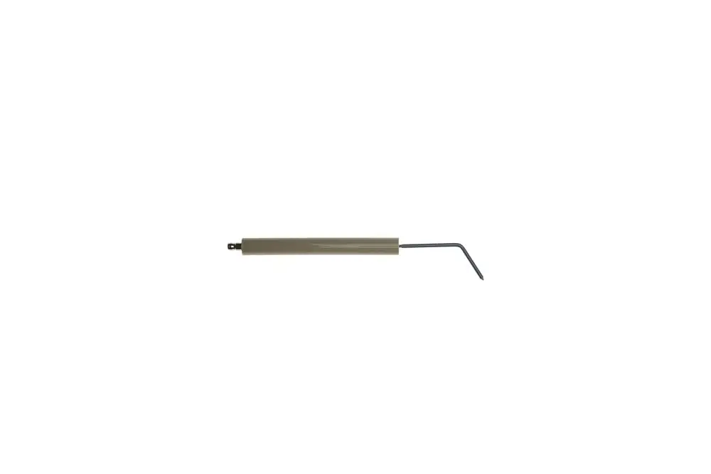 Brötje Zündelektrode in schmaler Form mit einer gerade und einer geknickten Metallspitze. Eignet sich zur Verwendung in Heizsystemen.