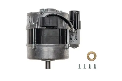 Brötje Motor in metallischer Bauweise mit elektrischer Anlage, einer Welle und Montagezubehör wie Schrauben und Unterlegscheibe.