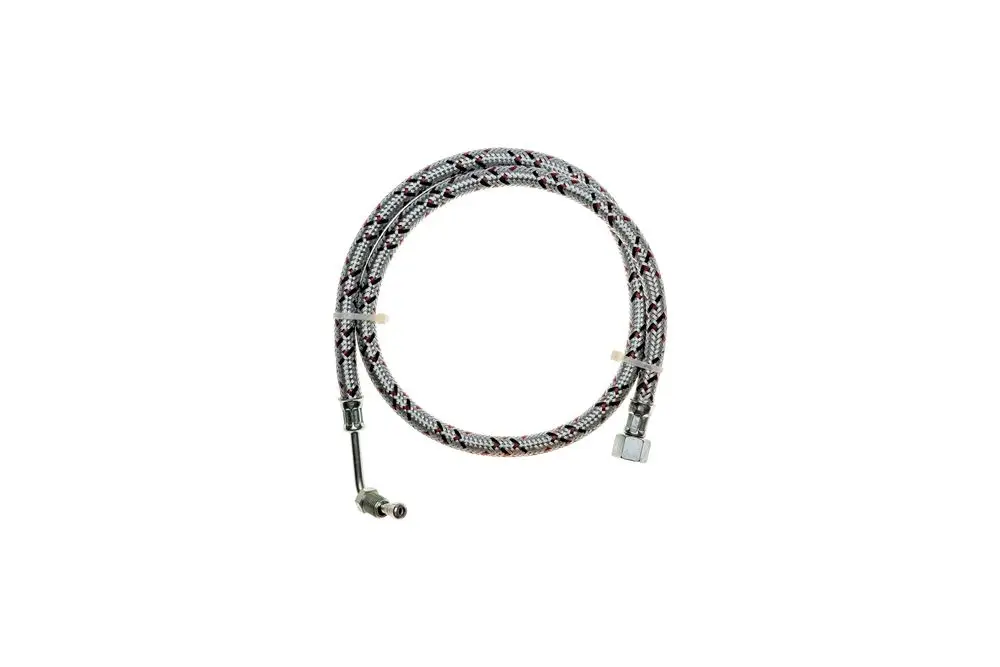Heizölschlauch mit geflochtenem Kunststoffmantel, ausgestattet mit zwei Anschlussenden in Metall. Geeignet für Heiztechnik von Brötje.