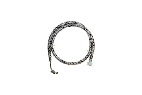 Heizölschlauch mit geflochtenem Kunststoffmantel, ausgestattet mit zwei Anschlussenden in Metall. Geeignet für Heiztechnik von Brötje.