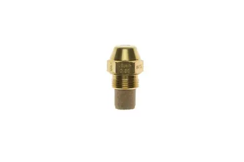 Brötje Düsenadapter aus Messing mit einer schmalen zylindrischen Form und einer abgerundeten Oberseite. Der untere Teil ist mit einem groben Filter versehen.