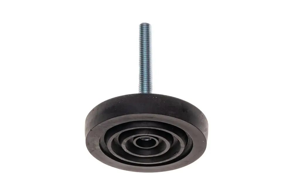 Schwarzer Stellfuß mit spiralförmigem Gummiboden und Schraube, zur Stabilisierung von Brötje-Geräten.