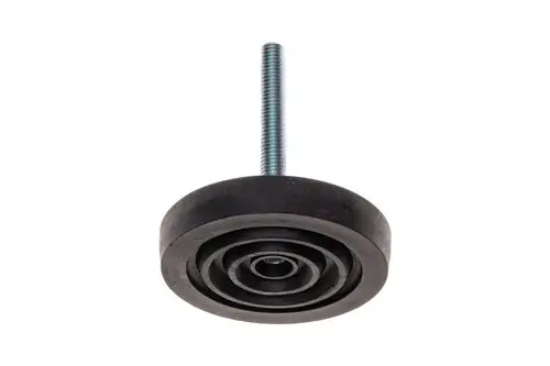 Schwarzer Stellfuß mit spiralförmigem Gummiboden und Schraube, zur Stabilisierung von Brötje-Geräten.
