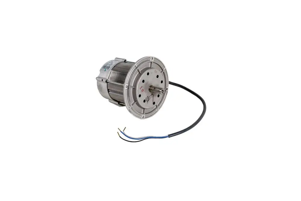 Brötje Motor, elektrisches Antriebselement mit zwei Anschlussdrähten, montiert auf einer runden Halterung. Gehäuse aus Metall, Platz für Motorwelle auf einer Seite.