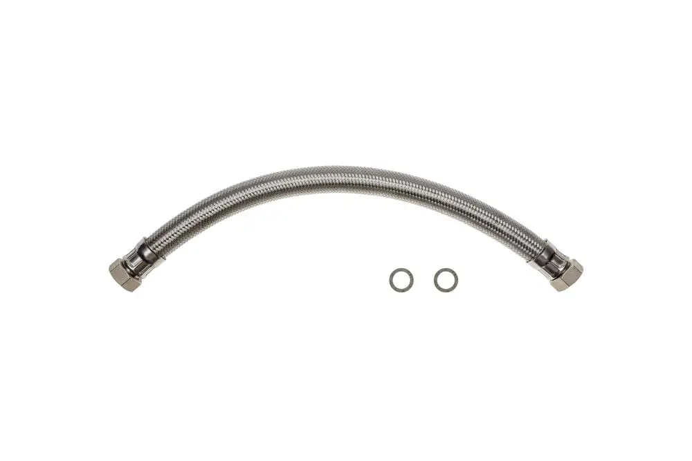 Flexibler Metall-Schlauch mit angeschlossenen Fittings und zwei Unterlegscheiben, geeignet für Heizungsinstallationen von Brötje.