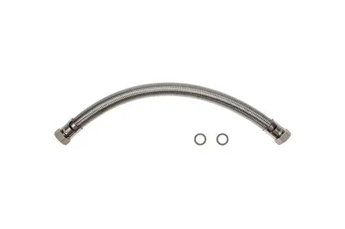 Flexibler Metall-Schlauch mit angeschlossenen Fittings und zwei Unterlegscheiben, geeignet für Heizungsinstallationen von Brötje.