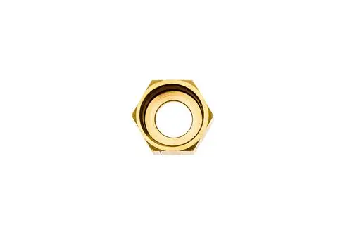 Goldene Überwurfmutter mit sechseckiger Form und einem offenen Innenloch, geeignet für Rohrverbindungen. Produkt von Brötje.