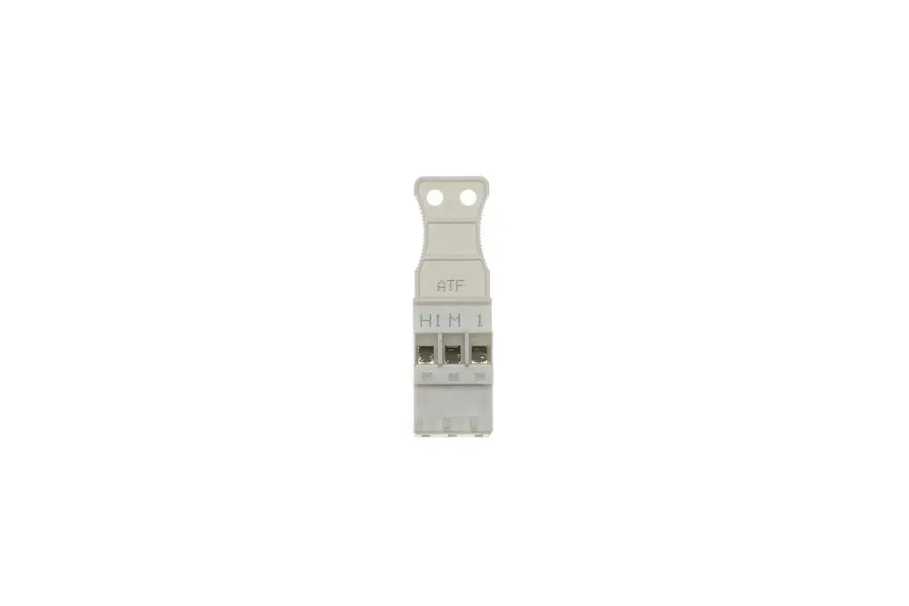 Brötje-Stecker in hellem Kunststoff, zwei Anschlussklemmen, oben mit Aufhängeloch, für elektrische Verbindungen in Heizungs- oder Wärmeanlagen.