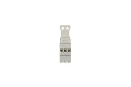 Brötje-Stecker in hellem Kunststoff, zwei Anschlussklemmen, oben mit Aufhängeloch, für elektrische Verbindungen in Heizungs- oder Wärmeanlagen.